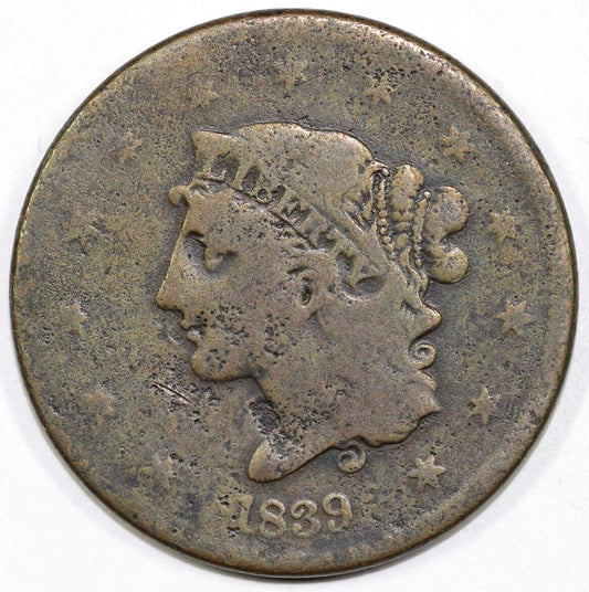 1839 1c Booby Head N-12 Coronet or Matron Head Large Cent