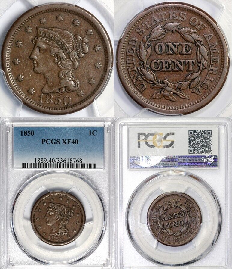 1850 1c N-27 Braided Hair Large Cent PCGS XF 40