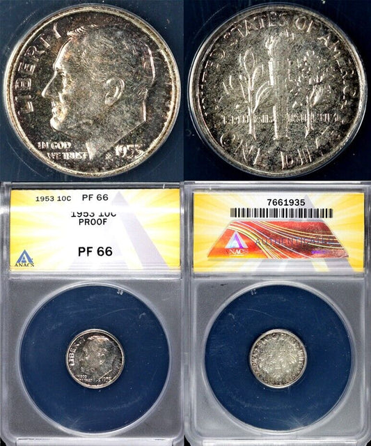 1953 10c Proof Roosevelt Dime ANACS PF 66
