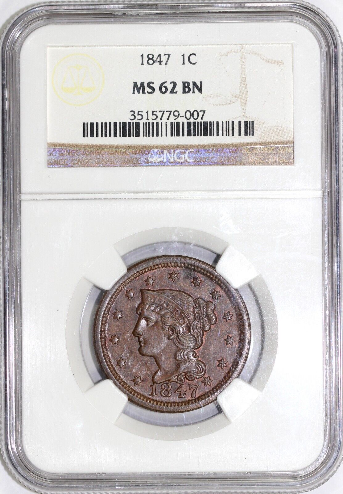 1847 1c N-6 Braided Hair Large Cent NGC MS 62