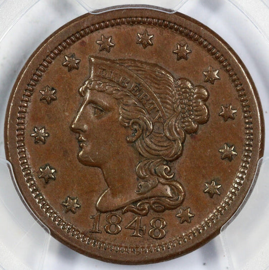 1848 1c N-25 Braided Hair Large Cent PCGS AU 58