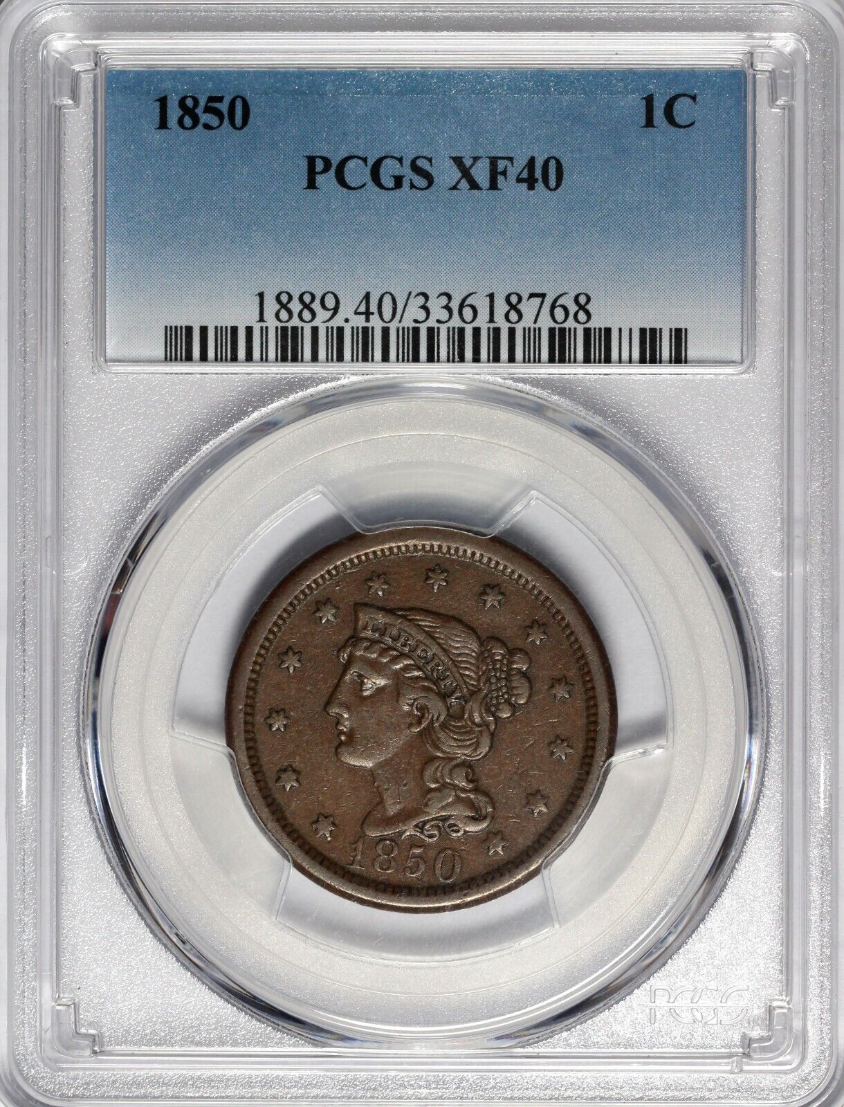 1850 1c N-27 Braided Hair Large Cent PCGS XF 40