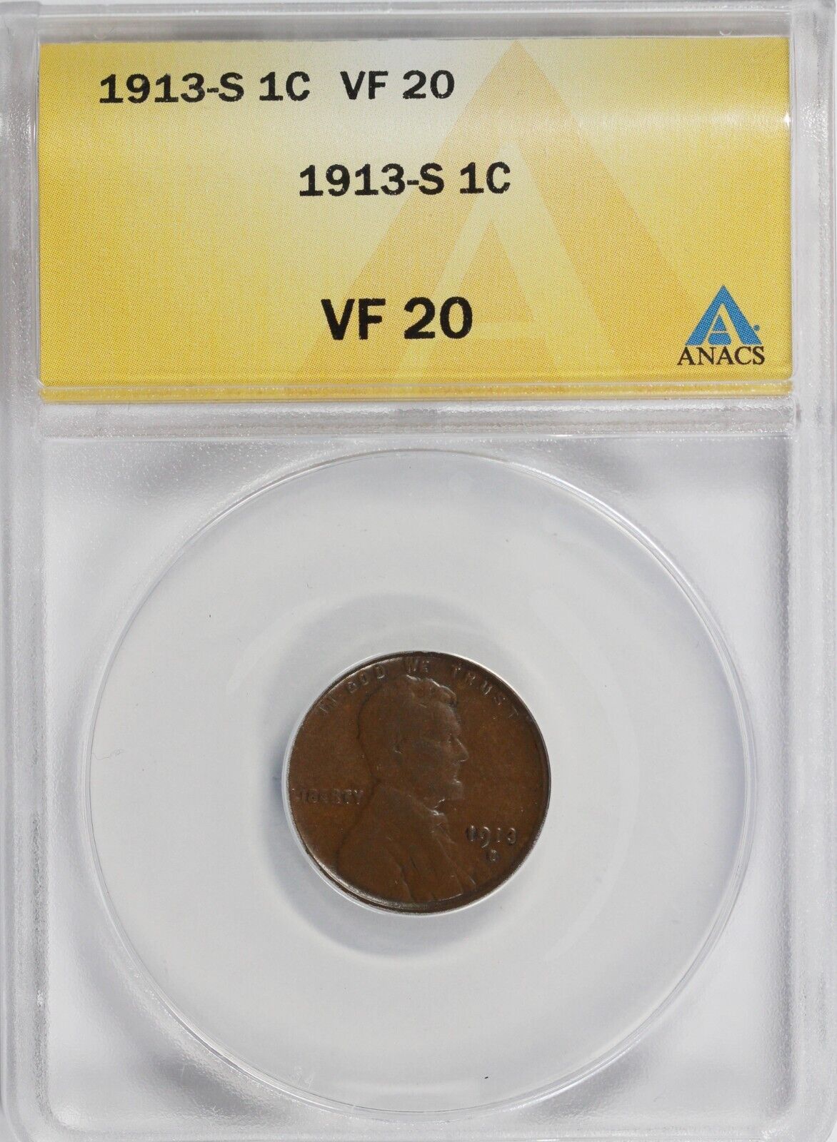 1913-S 1c Lincoln Cent ANACS VF 20