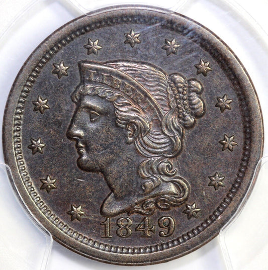 1849 1c Braided Hair Large Cent PCGS AU 58
