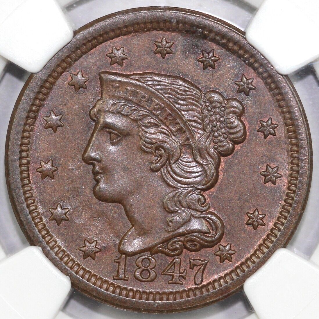 1847 1c N-6 Braided Hair Large Cent NGC MS 62