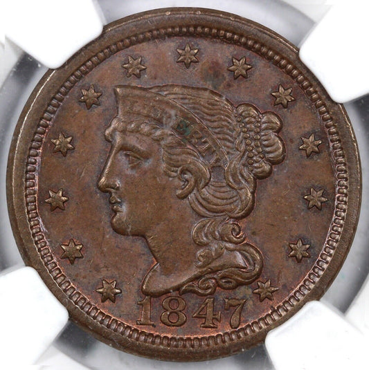 1847 1c Braided Hair Large Cent NGC MS 63