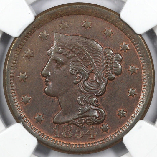 1854 1c N-2 Braided Hair Large Cent NGC MS 62