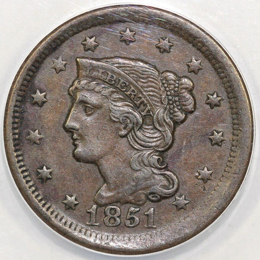 1851 1c N-14 Braided Hair Large Cent ANACS AU 50