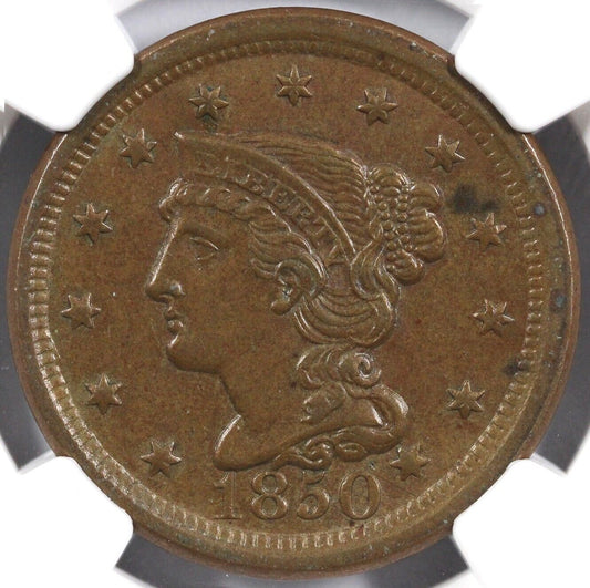 1850 1c N-2 Braided Hair Large Cent NGC AU 58