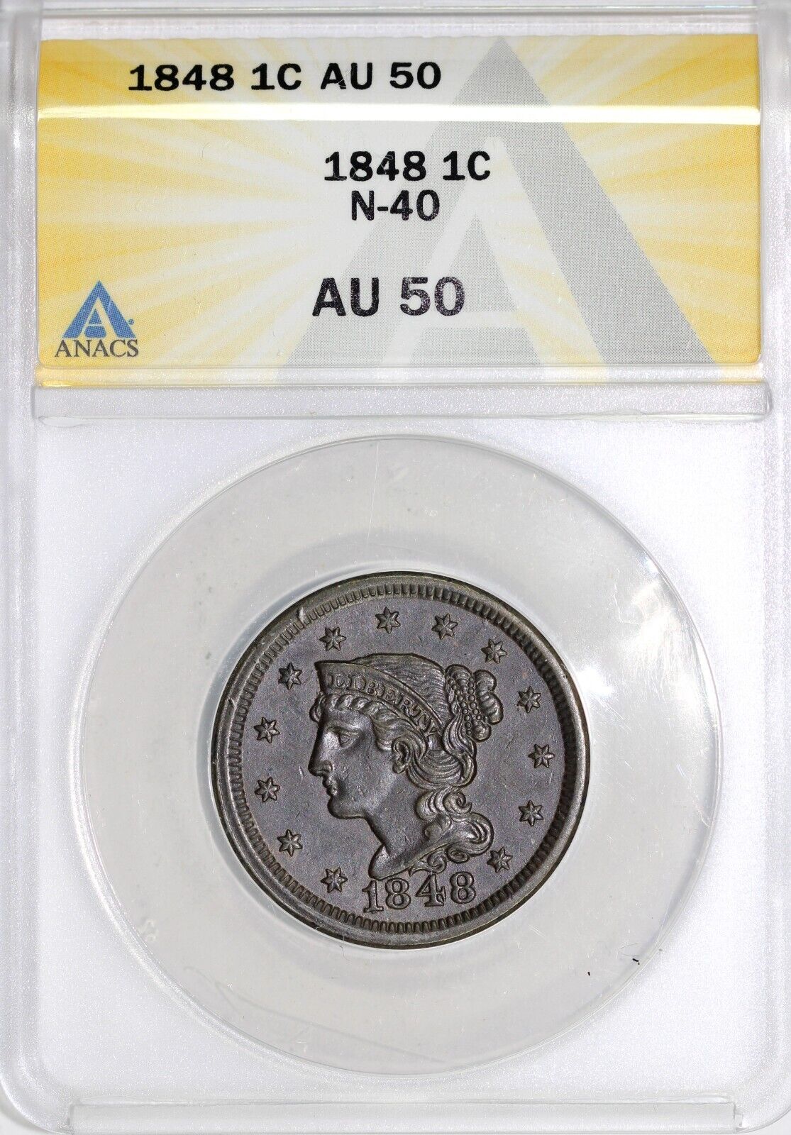 1848 1c N-40 Braided Hair Large Cent ANACS AU 50