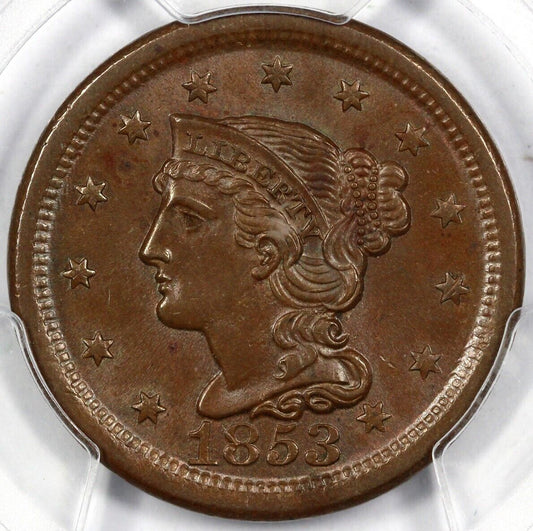 1853 1c N-28 Braided Hair Large Cent PCGS MS 64 BN