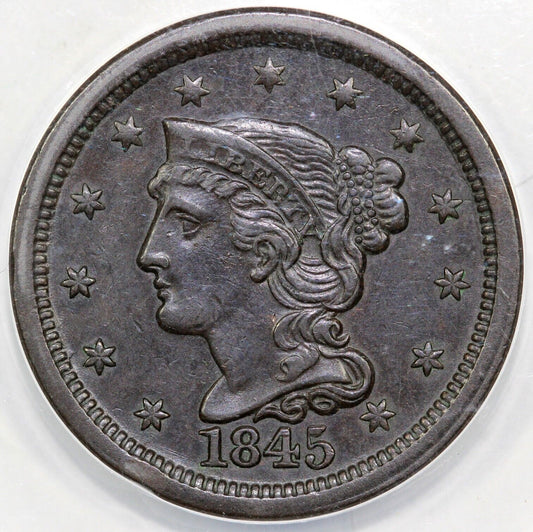 1845 1c N-4 Braided Hair Large Cent ANACS AU 53