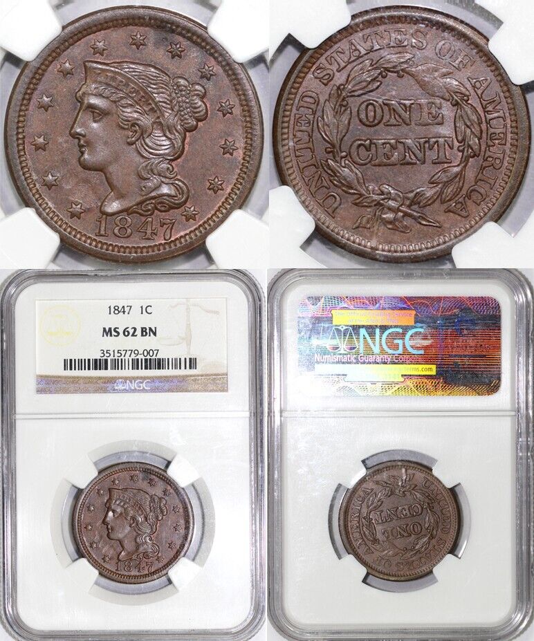 1847 1c N-6 Braided Hair Large Cent NGC MS 62