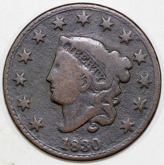 1830 1c N-10 Coronet or Matron Head Large Cent *EDS No Reverse Die Crack*