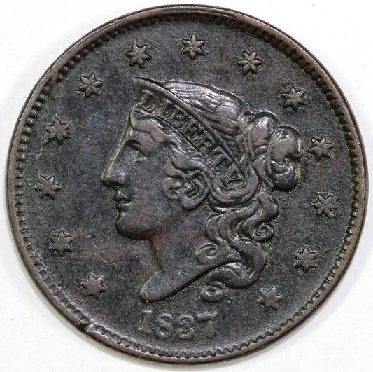 1837 1c N-2 Coronet or Matron Head Large Cent *Plain Hair Plain Cords*