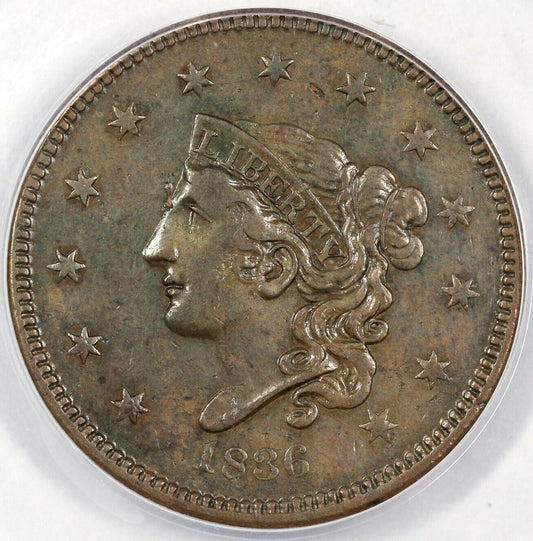 1836 1c N-7 Coronet or Matron Head Large Cent ANACS EF 40