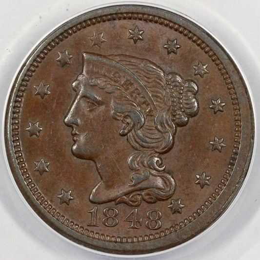 1848 1c N-6 Braided Hair Large Cent ANACS AU 55