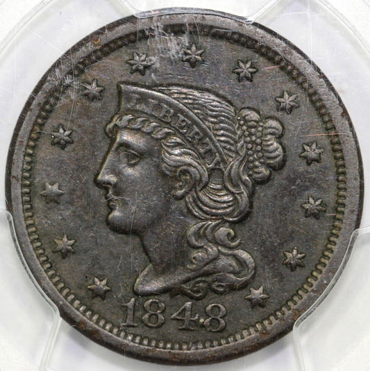 1848 1c N-38 Braided Hair Large Cent PCGS XF Details Env. Damage