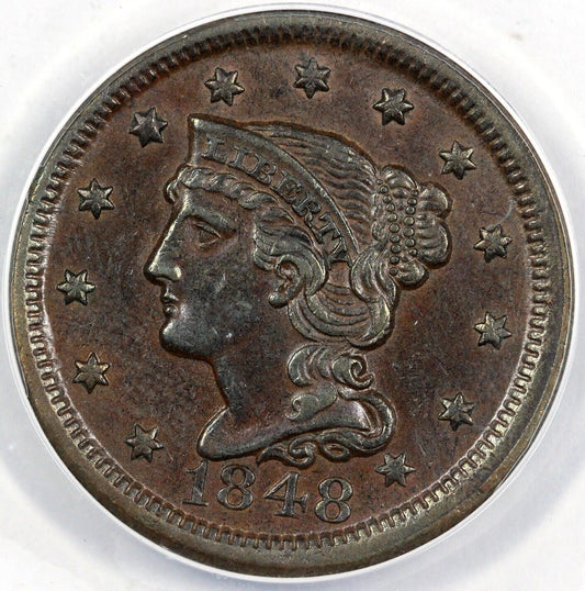 1848 1c N-41 Braided Hair Large Cent ANACS AU 50