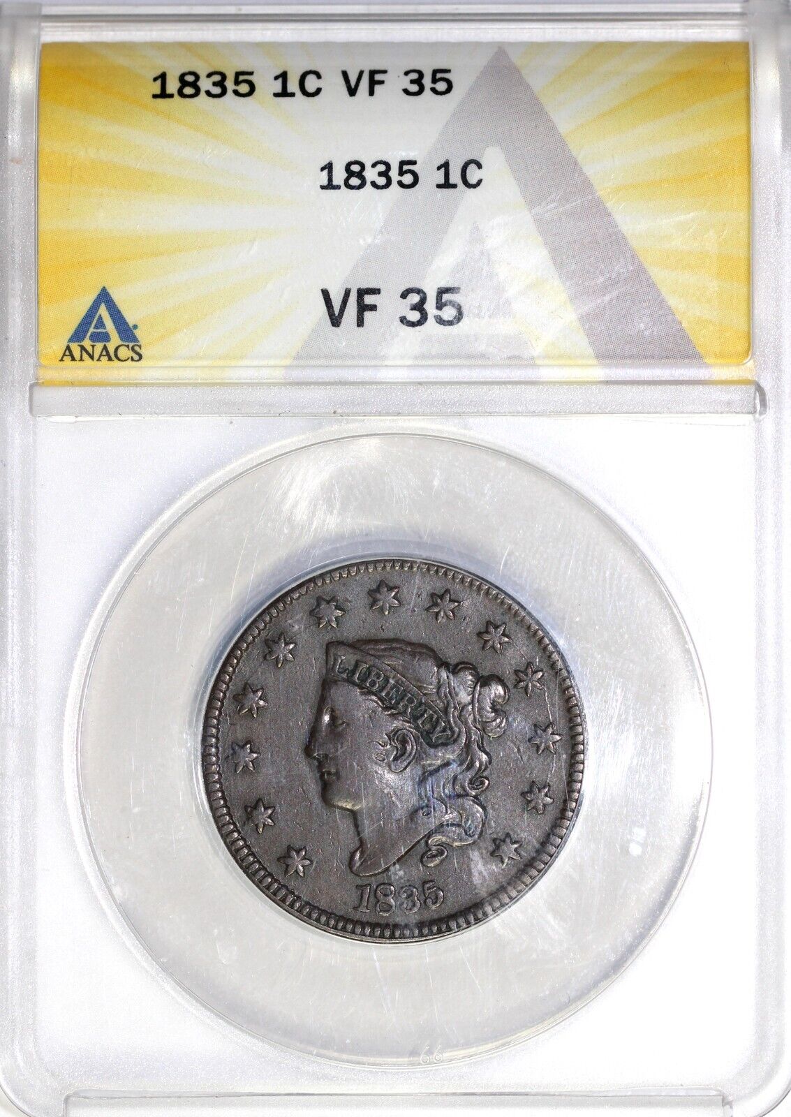 1835 1c N-1 Large Date Matron Head Large Cent ANACS VF 35