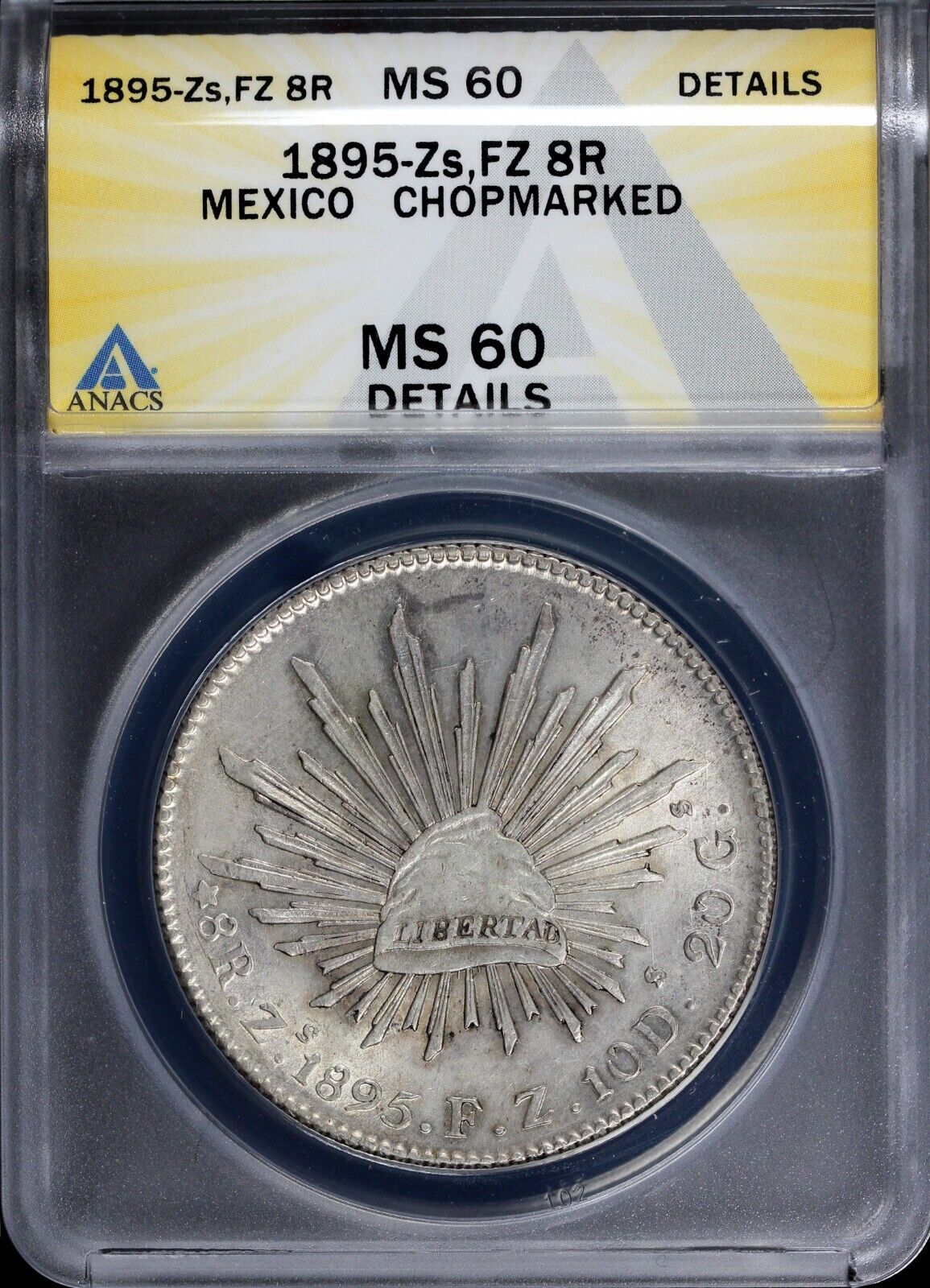 1895 8r Zs, FZ Mexico 8 Reales ANACS MS 60 Details Chopmarked