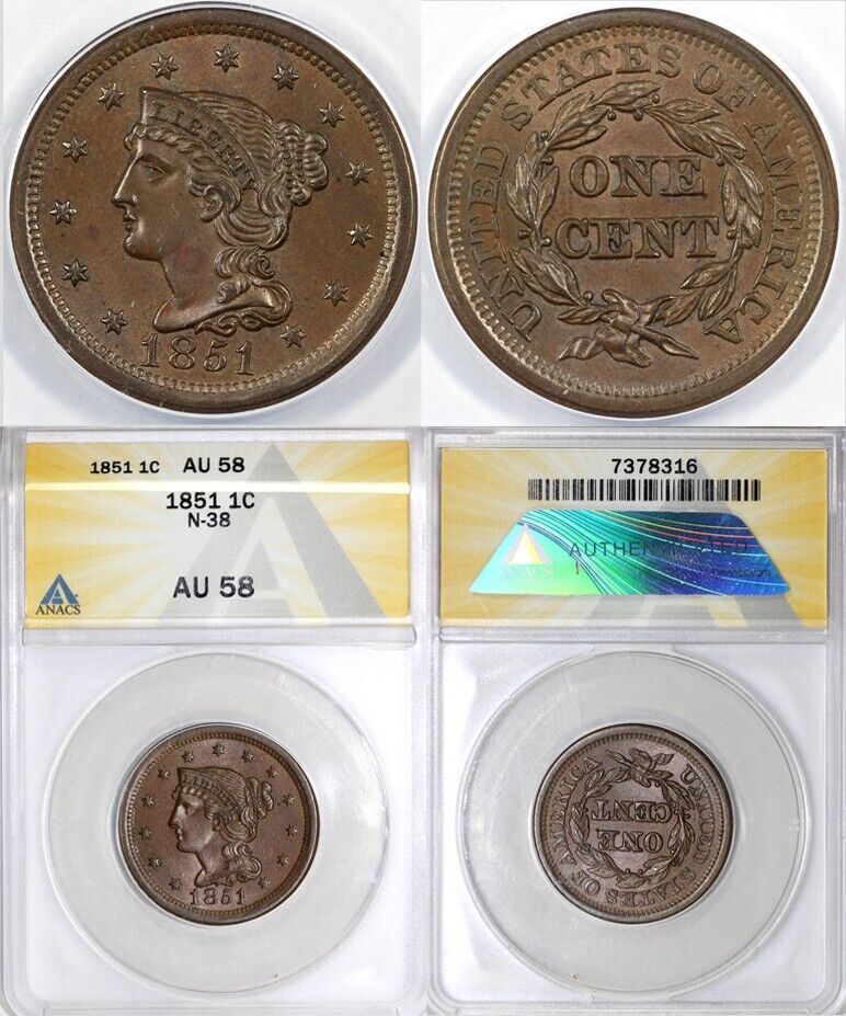 1851 1c N-38 Braided Hair Large Cent ANACS AU 58