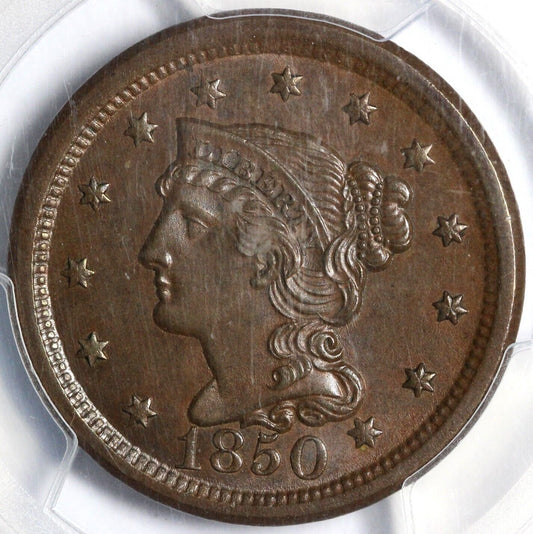 1850 1c N-7 Braided Hair Large Cent PCGS MS 63 BN