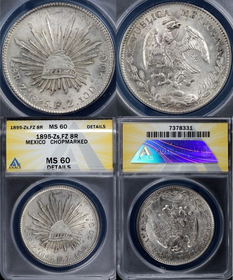 1895 8r Zs, FZ Mexico 8 Reales ANACS MS 60 Details Chopmarked