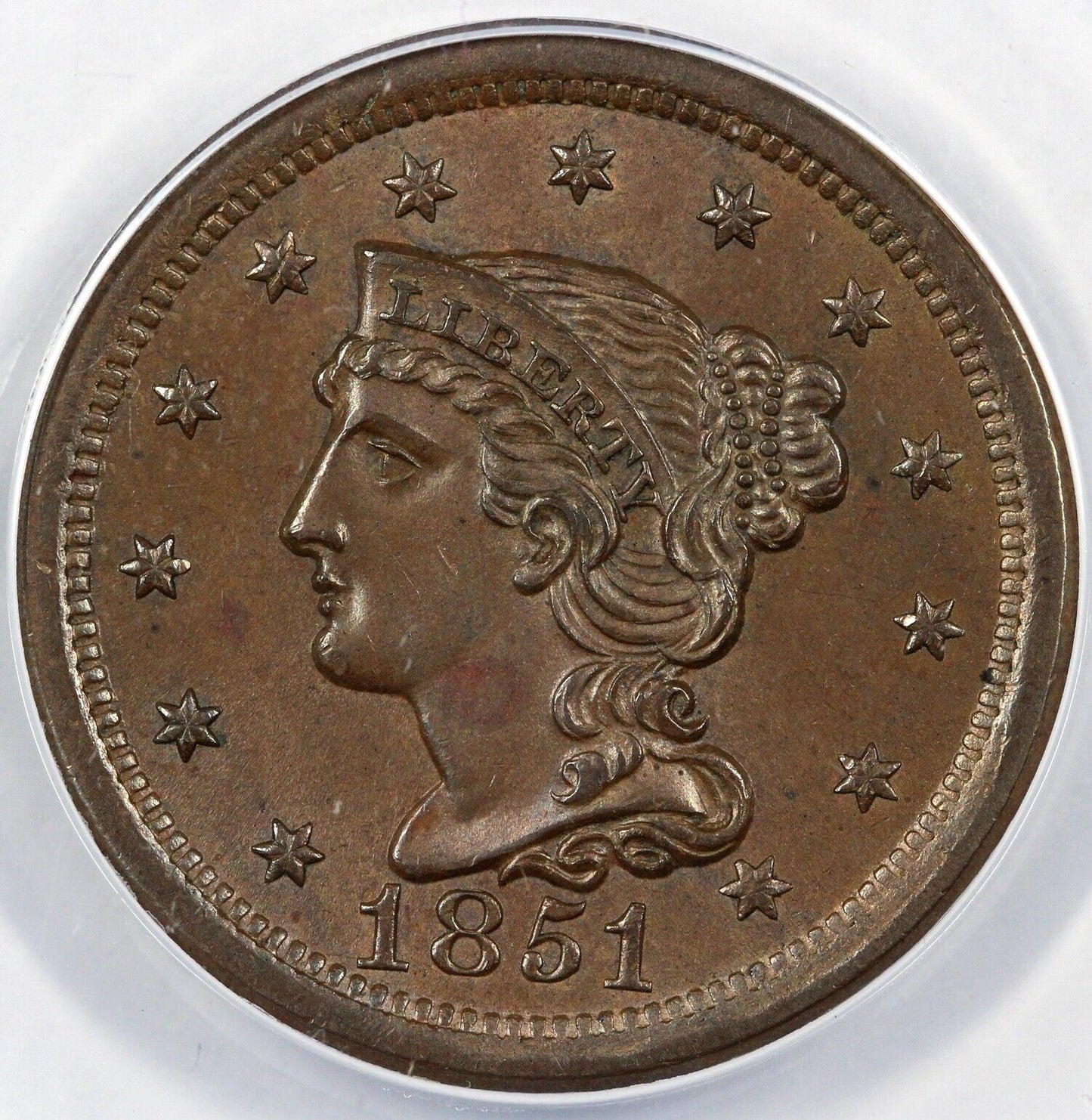 1851 1c N-38 Braided Hair Large Cent ANACS AU 58