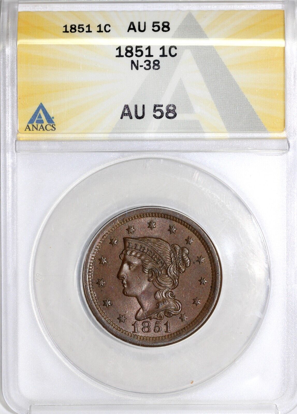 1851 1c N-38 Braided Hair Large Cent ANACS AU 58