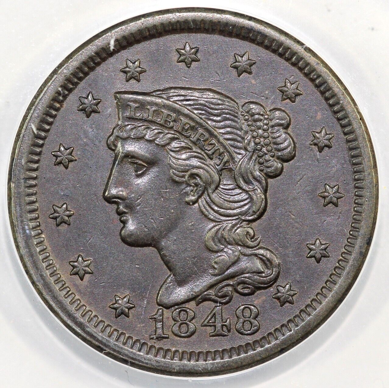 1848 1c N-40 Braided Hair Large Cent ANACS AU 50