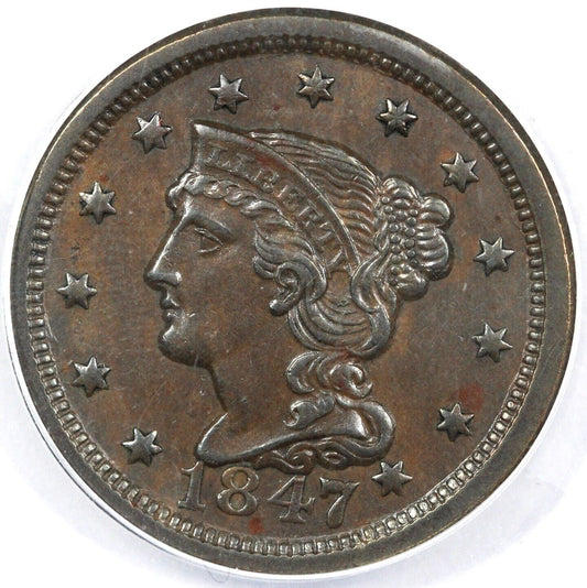 1847 1c N-23 Braided Hair Large Cent ANACS AU 50