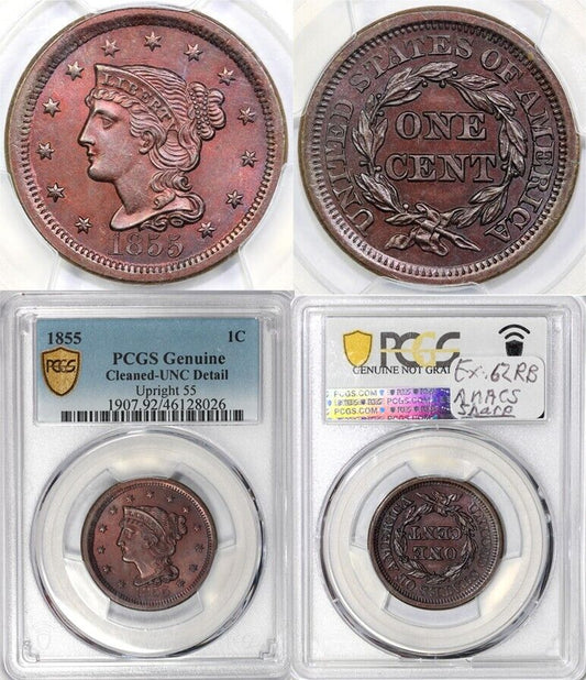 1855 1c Upright 55 Braided Hair Large Cent PCGS UNC DETAILS CLEANED