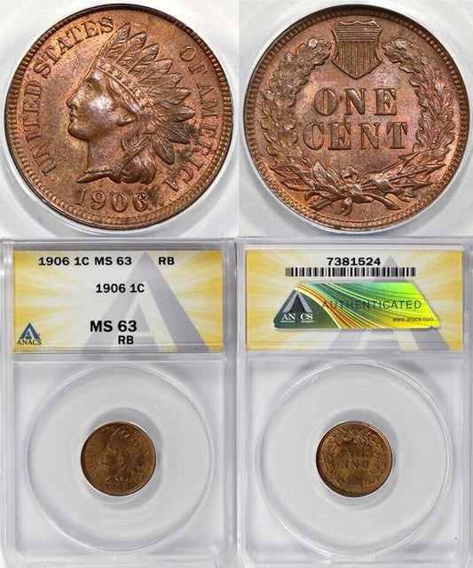 1906 1c Indian Head Cent ANACS MS 63 RB