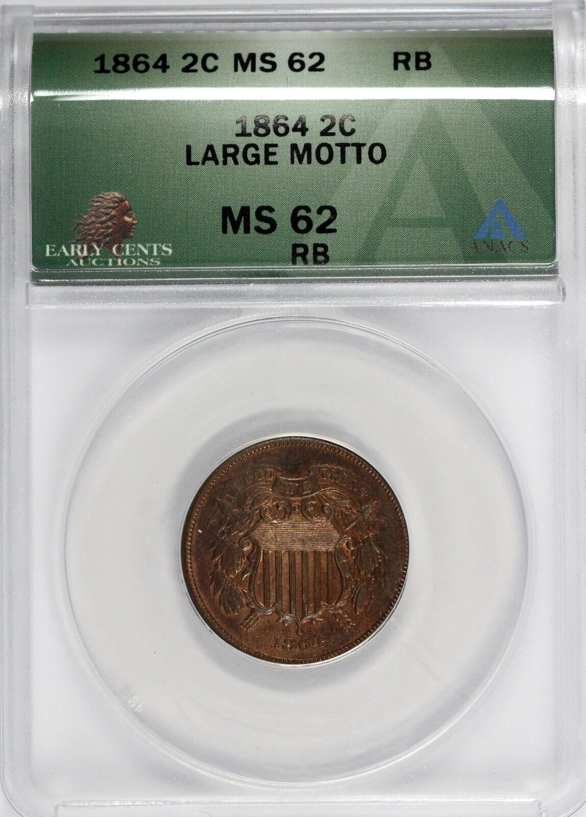 1864 2c Large Motto Two Cent Piece ANACS MS 62 RB