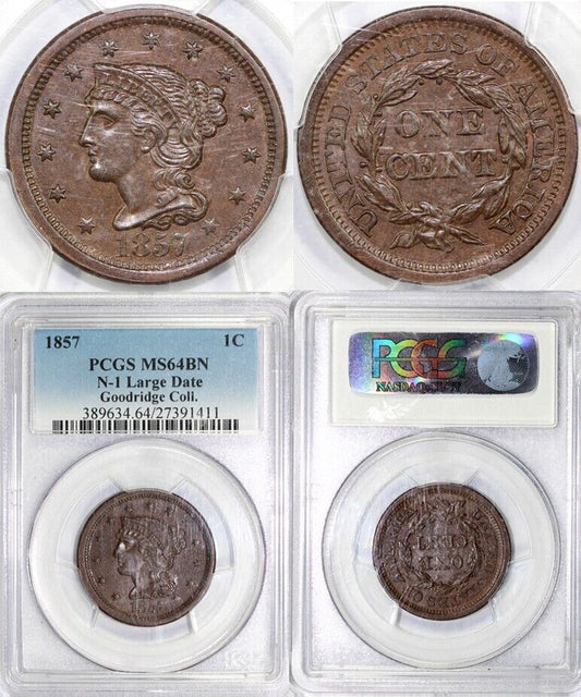 1857 1c N-1 Large Date Braided Hair Large Cent PCGS MS 64 EX; Goodridge