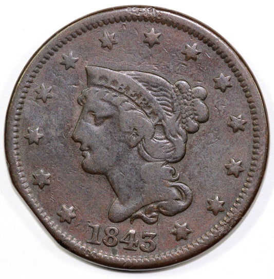 1843 1c N-12 Braided Hair Large Cent