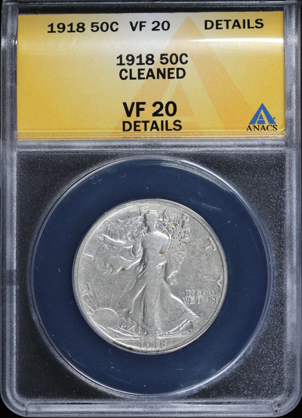 1918 50c Walking Liberty Half Dollar ANACS VF 20 DETAILS CLEANED