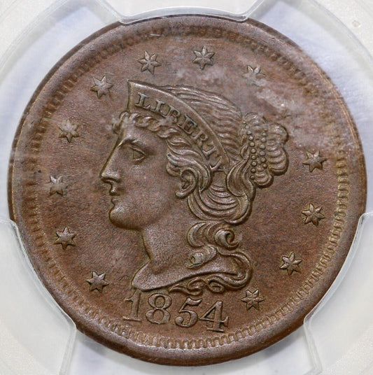1854 1c N-7 Braided Hair Large Cent PCGS and CAC MS 63 BN