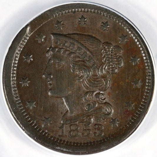1853 1c Braided Hair Large Cent Rim Clip ANACS AU 55
