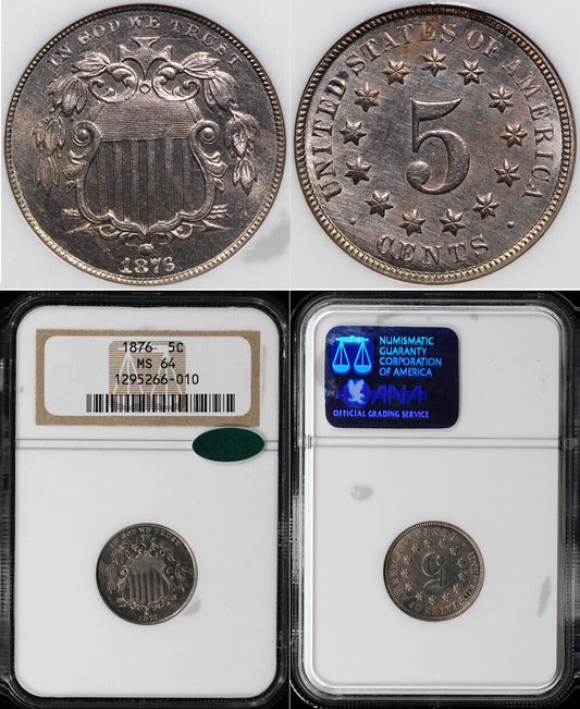 1876 5c Shield Nickel NGC and CAC MS 64
