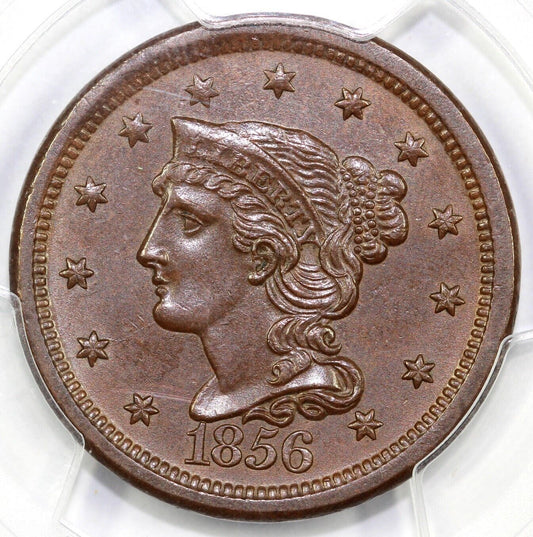 1856 1c N-3 Slanted 55 Braided Hair Large Cent PCGS MS 64 BN