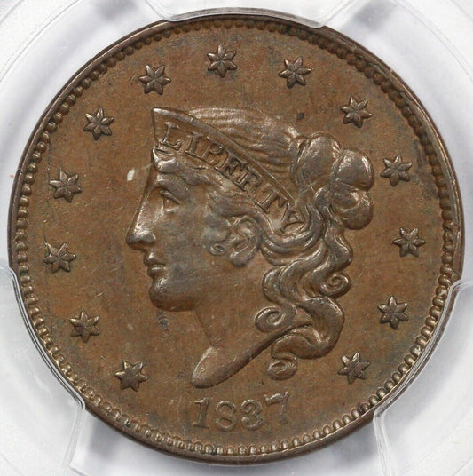 1837 1c Medium Letters Matron Head Large Cent PCGS AU 53