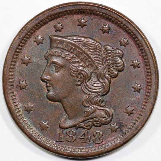 1848 1c Braided Hair Large Cent *Unc Detail Cleaning*