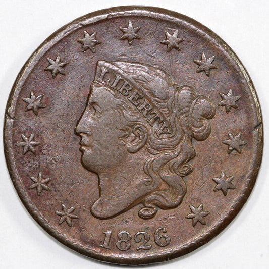 1826 1c Coronet or Matron Head Large Cent *Tiny Rim Break Star 6*