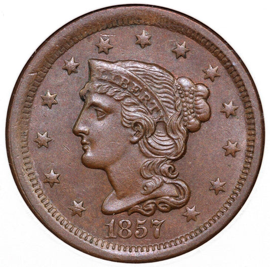 1857 1c N-4 Braided Hair Large Cent ANACS MS 63 BN *Sharp Strike, EDS*