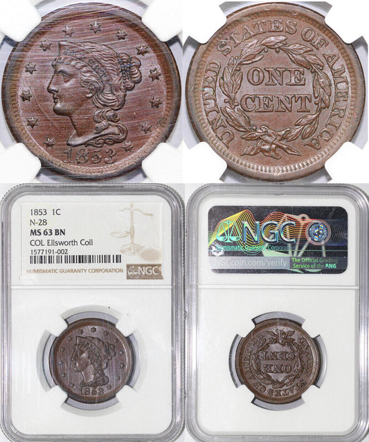 1853 1c N-28 Braided Hair Large Cent NGC MS 63 BN EX; ELLSWORTH