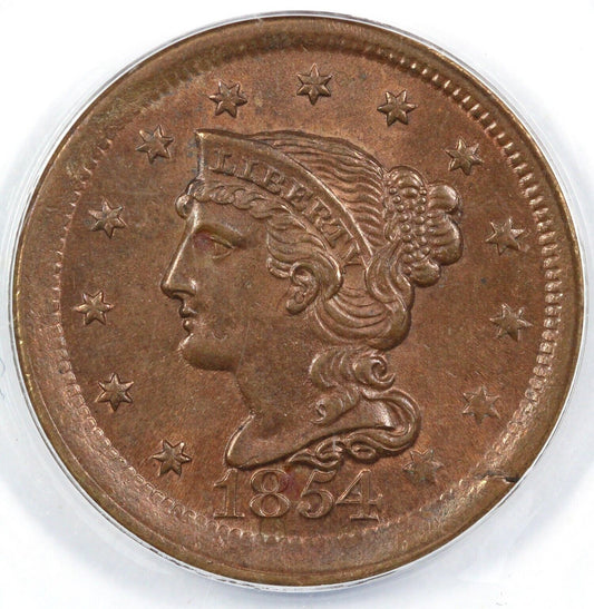 1854 1c N-14 Braided Hair Large Cent ANACS MS 60 DETAILS