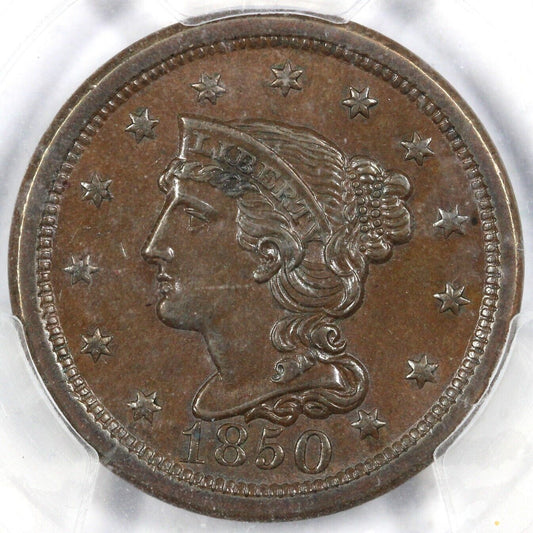 1850 1c N-13 Braided Hair Large Cent PCGS MS 63 BN