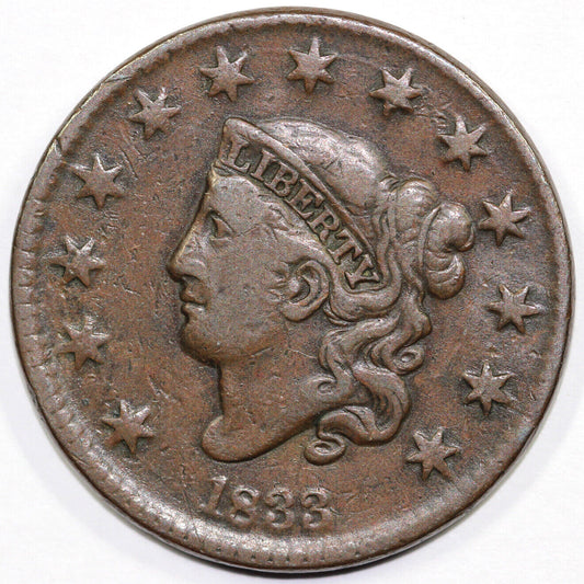 1833 1c N-5 Coronet or Matron Head Large Cent